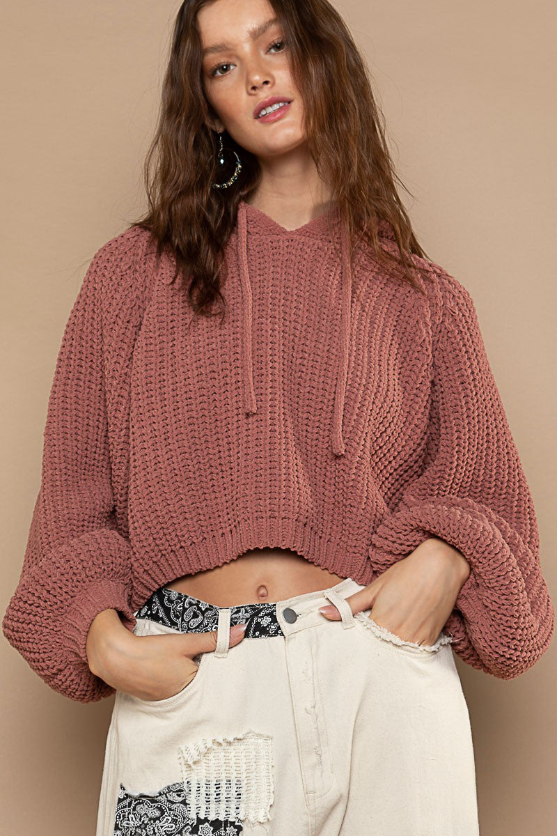 POL Tacked Long Sleeve Hooded Back Open Slit Sweater Top