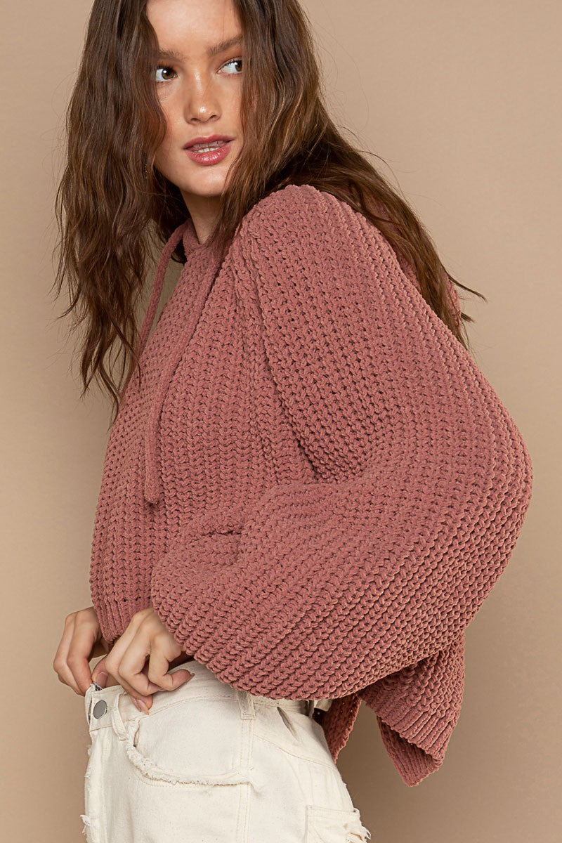 POL Tacked Long Sleeve Hooded Back Open Slit Sweater Top