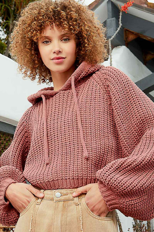 POL Tacked Long Sleeve Hooded Back Open Slit Sweater Top