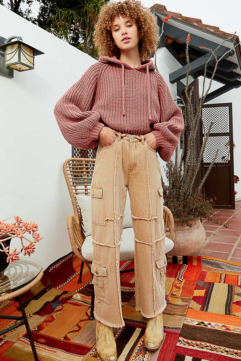 POL Tacked Long Sleeve Hooded Back Open Slit Sweater Top