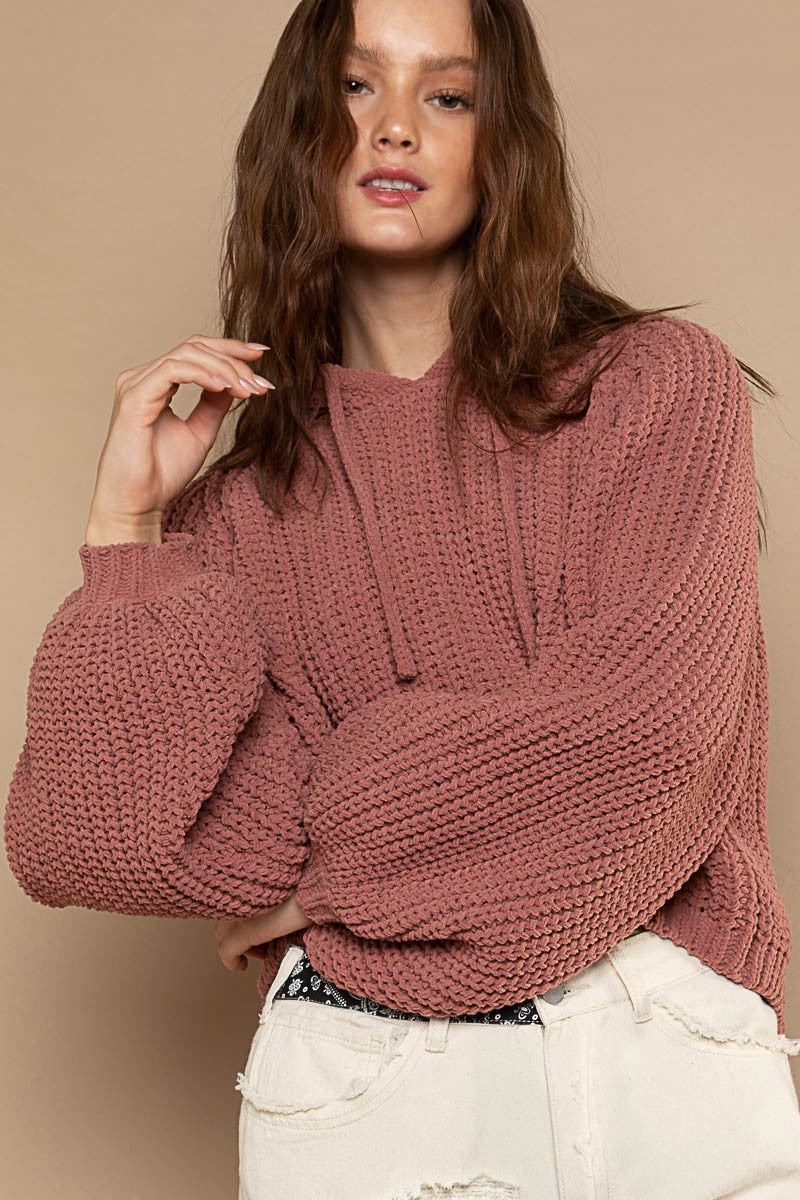 POL Tacked Long Sleeve Hooded Back Open Slit Sweater Top