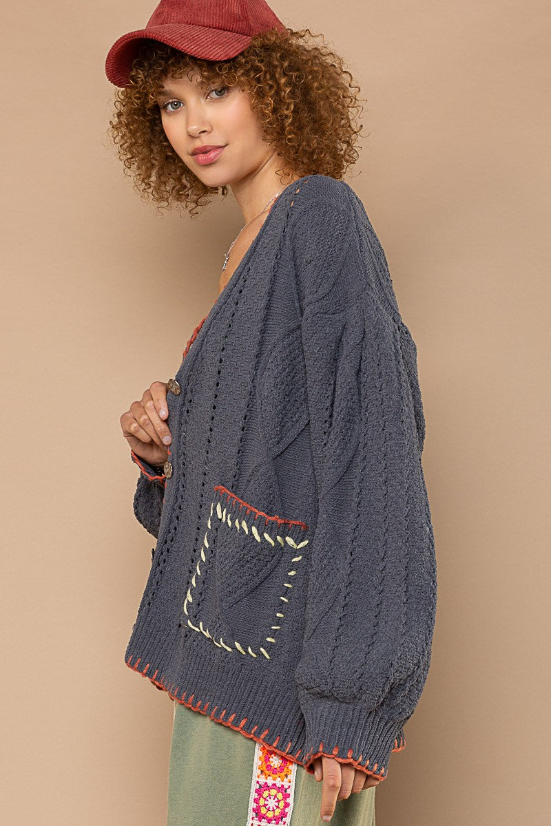 POL Contrast Stitch Detail Button Down Knit Cardigan Top