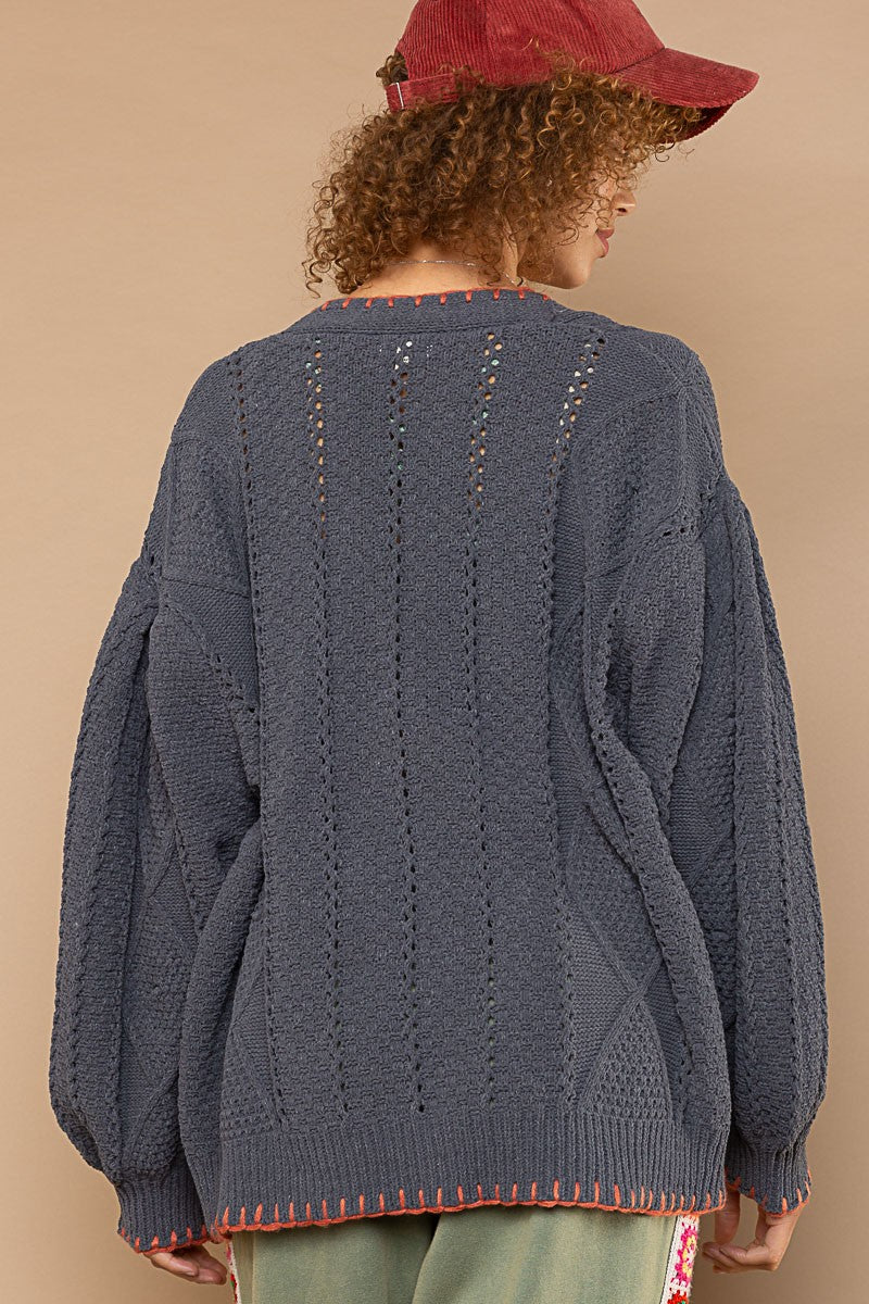 POL Contrast Stitch Detail Button Down Knit Cardigan Top