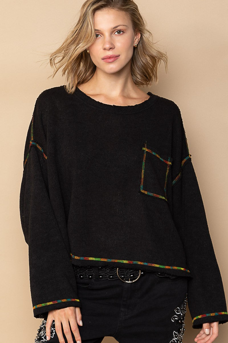 POL Round Neck Chest Pocket Cut Sew Sweater Knit Top