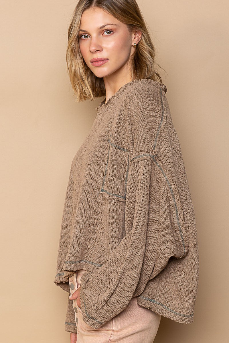 POL Round Neck Chest Pocket Cut Sew Sweater Knit Top