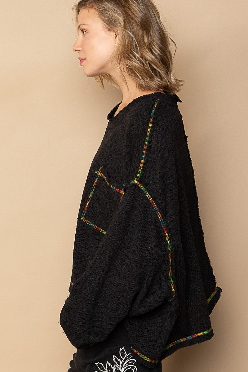 POL Round Neck Chest Pocket Cut Sew Sweater Knit Top