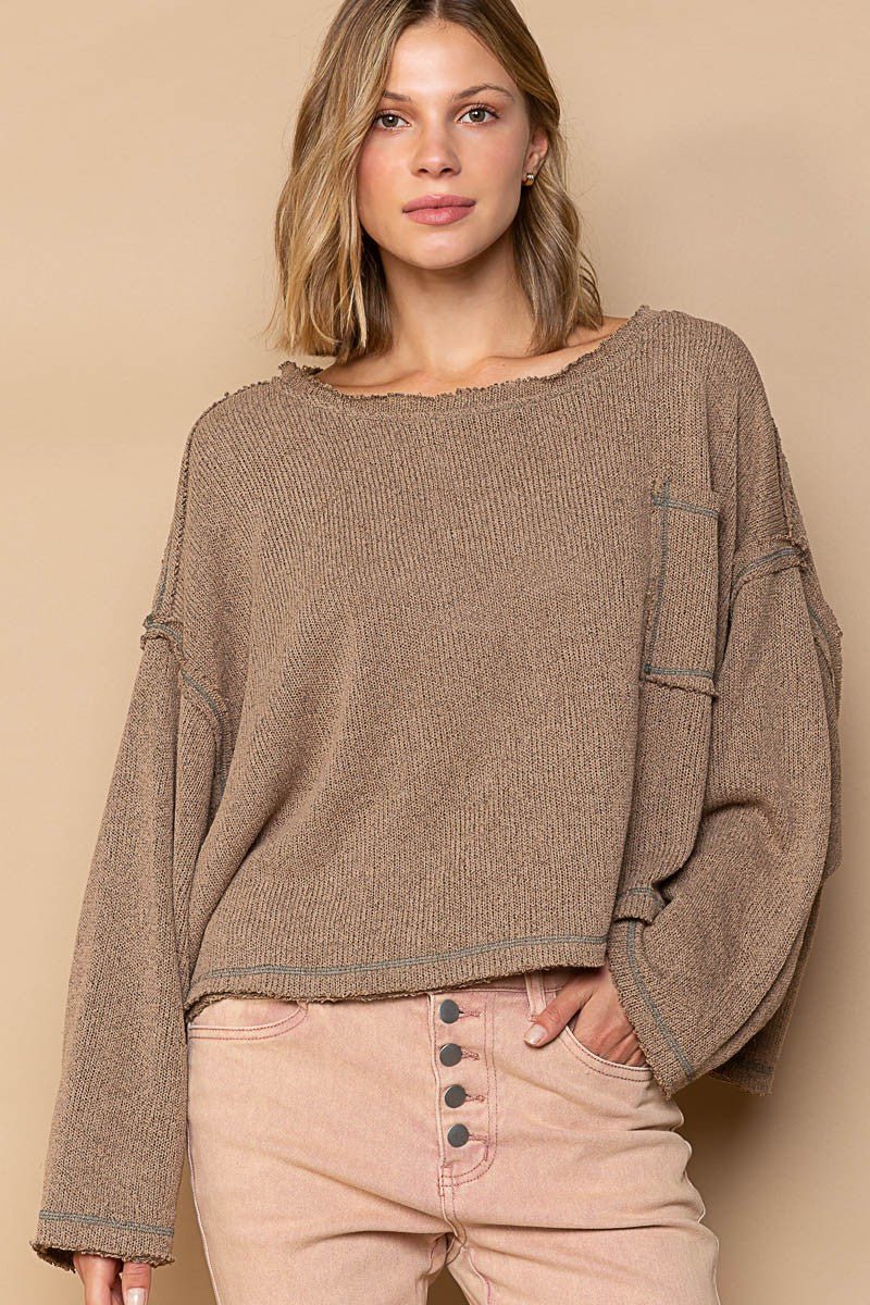 POL Round Neck Chest Pocket Cut Sew Sweater Knit Top