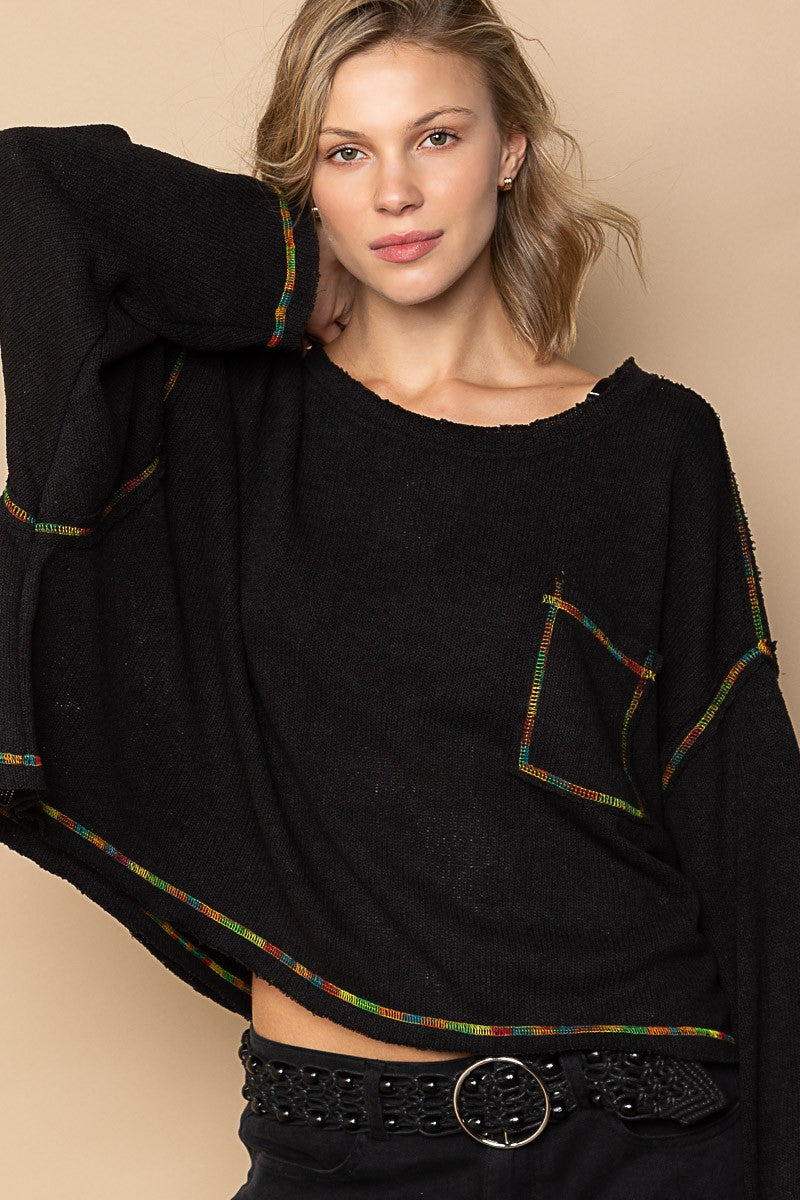 POL Round Neck Chest Pocket Cut Sew Sweater Knit Top