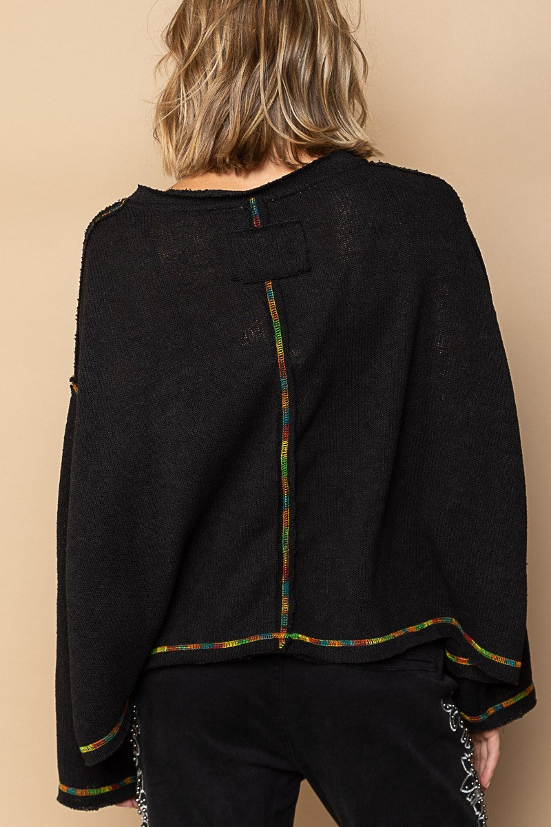 POL Round Neck Chest Pocket Cut Sew Sweater Knit Top