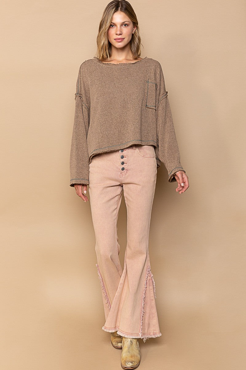 POL Round Neck Chest Pocket Cut Sew Sweater Knit Top