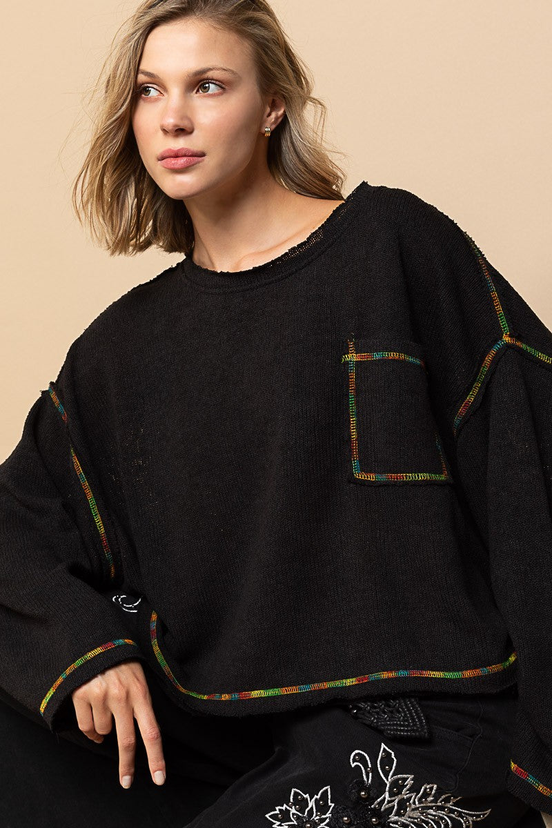 POL Round Neck Chest Pocket Cut Sew Sweater Knit Top