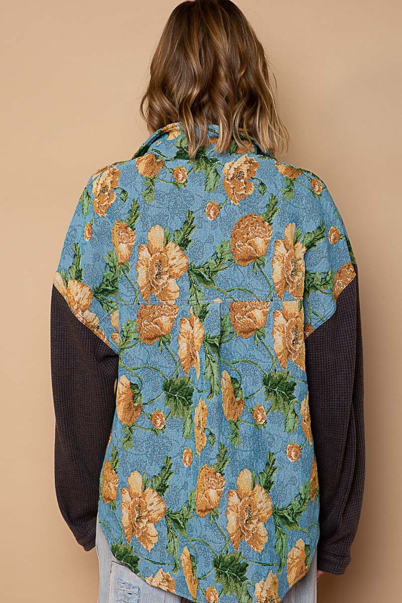 POL Contrast Sleeves Button Down Floral Jacquard Shirt Top