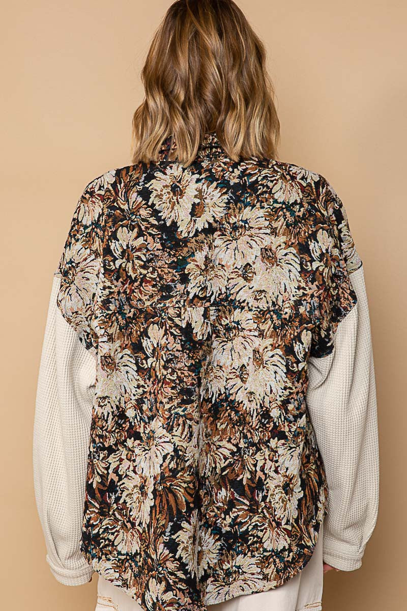 POL Contrast Sleeves Button Down Floral Jacquard Shirt Top