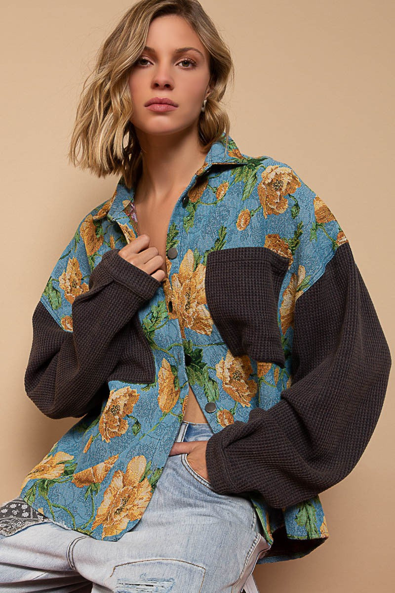 POL Contrast Sleeves Button Down Floral Jacquard Shirt Top