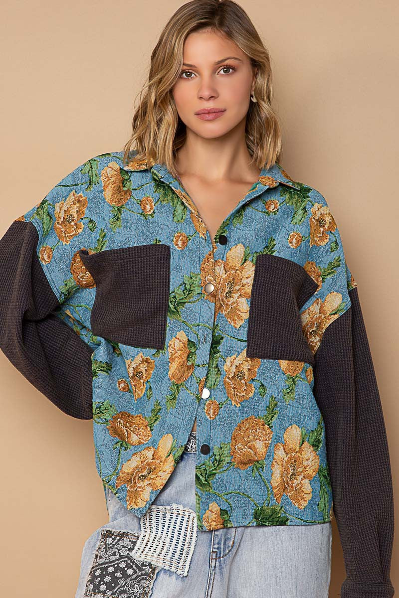POL Contrast Sleeves Button Down Floral Jacquard Shirt Top