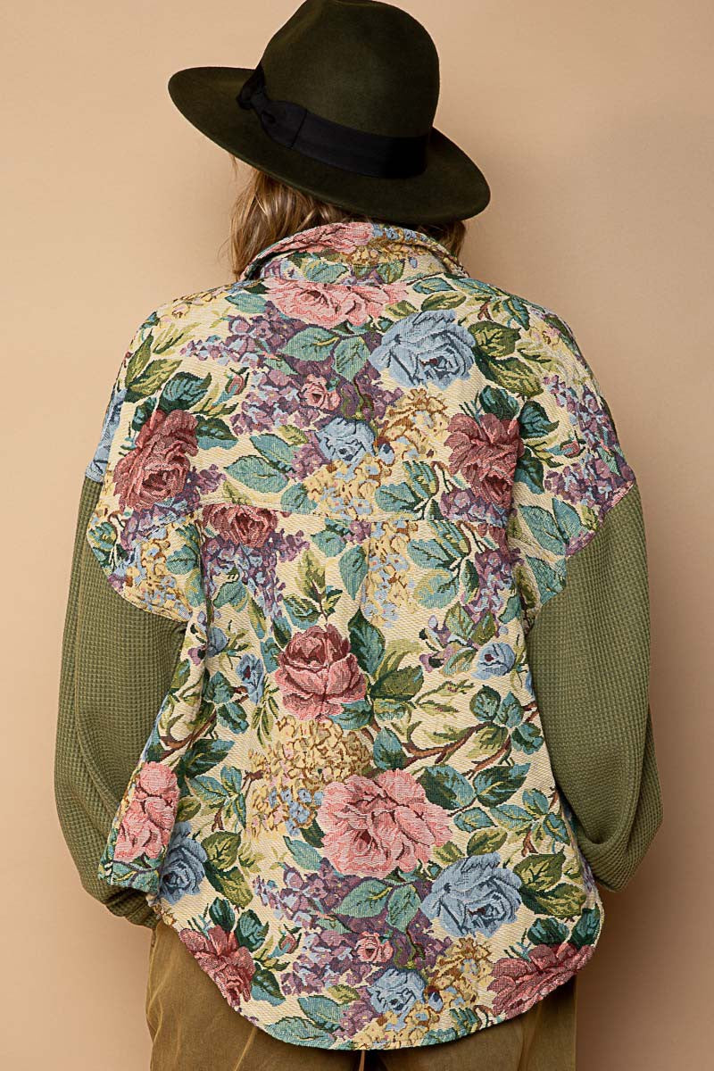 POL Contrast Sleeves Button Down Floral Jacquard Shirt Top