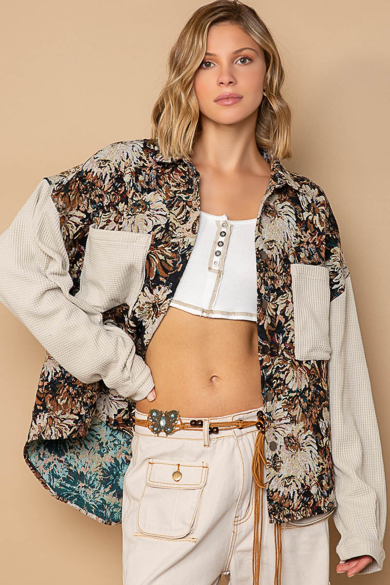 POL Contrast Sleeves Button Down Floral Jacquard Shirt Top