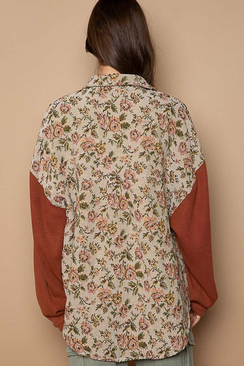 POL Contrast Sleeves Button Down Floral Jacquard Shirt Top