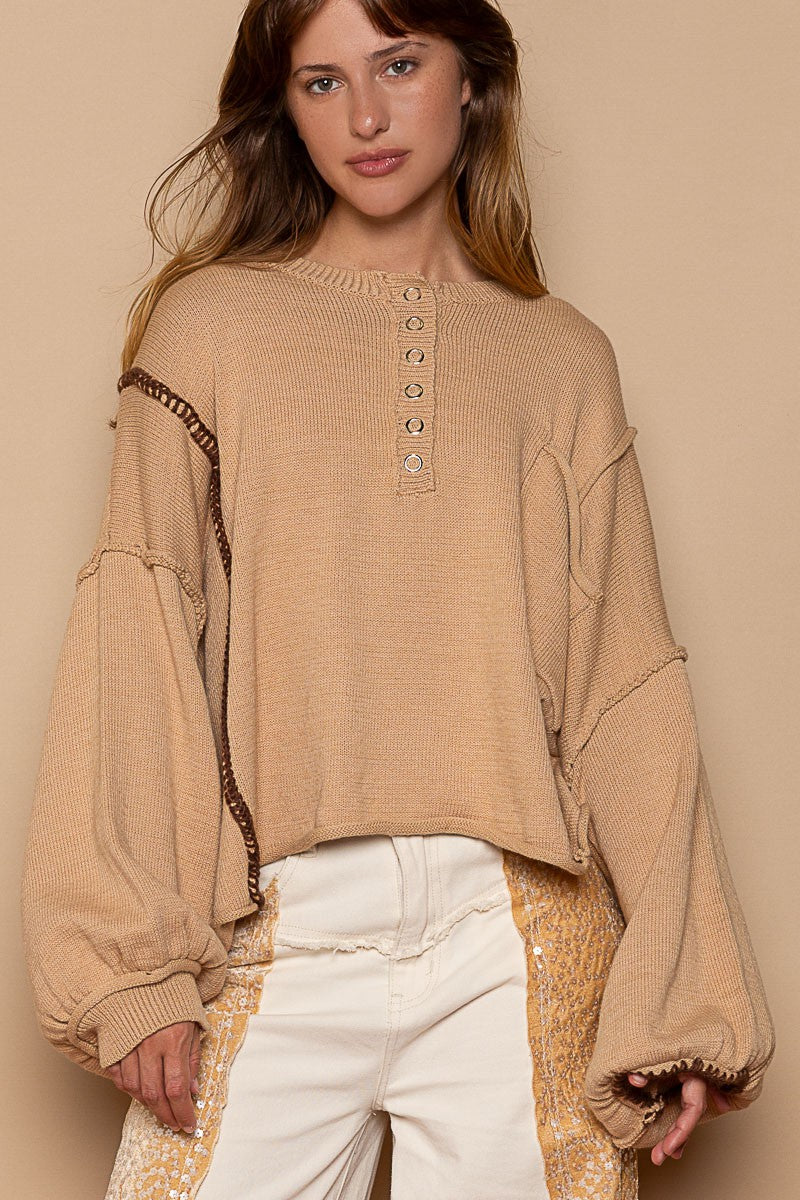 POL Henley Button Chest Pocket Round Neck Sweater Top