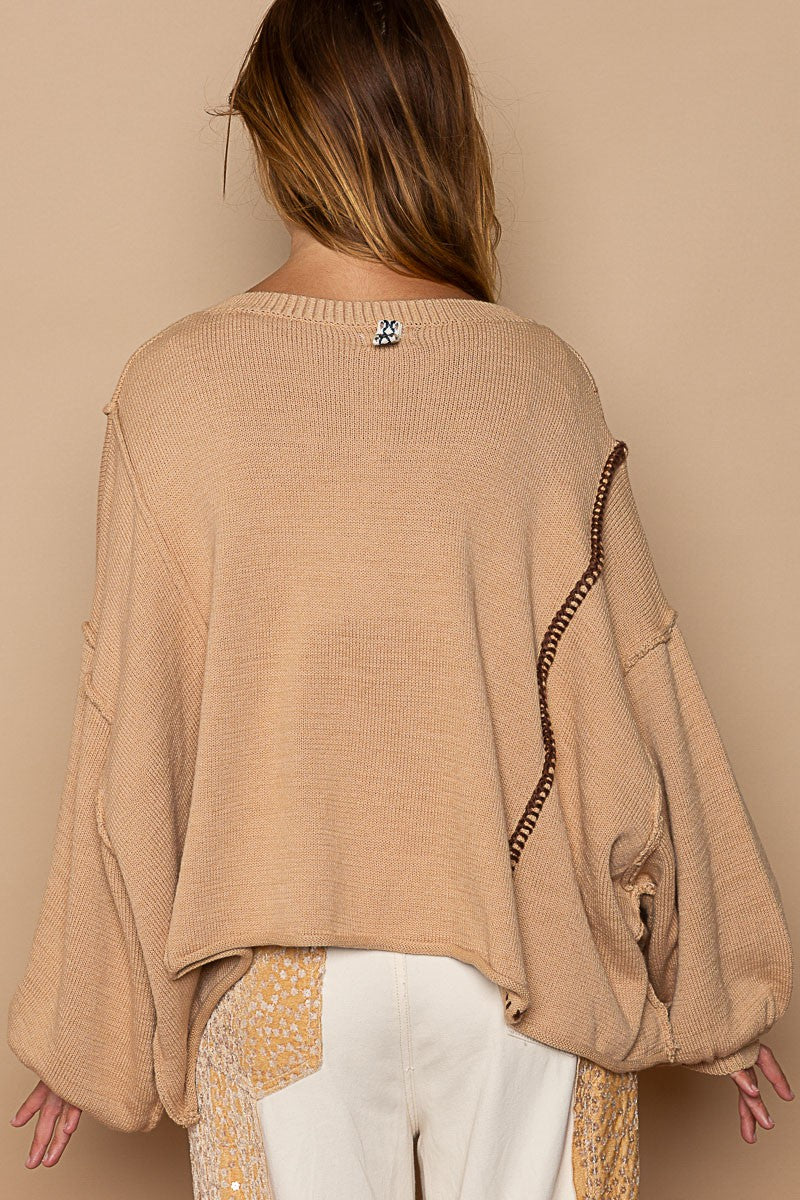 POL Henley Button Chest Pocket Round Neck Sweater Top