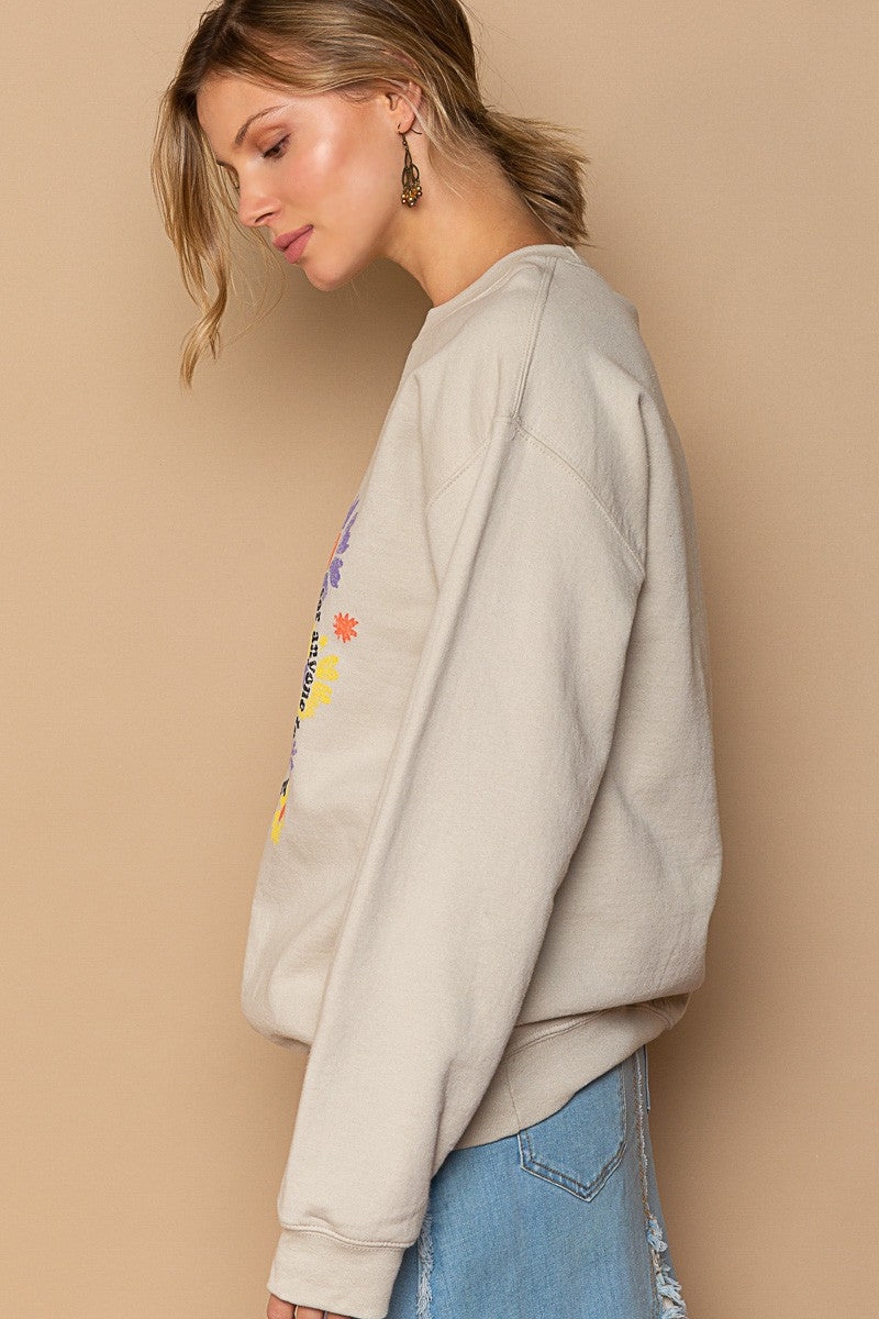 POL Smiley Face Floral Print Crew Pullover Sweatshirt Top