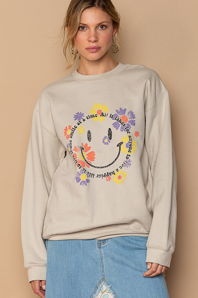 POL Smiley Face Floral Print Crew Pullover Sweatshirt Top
