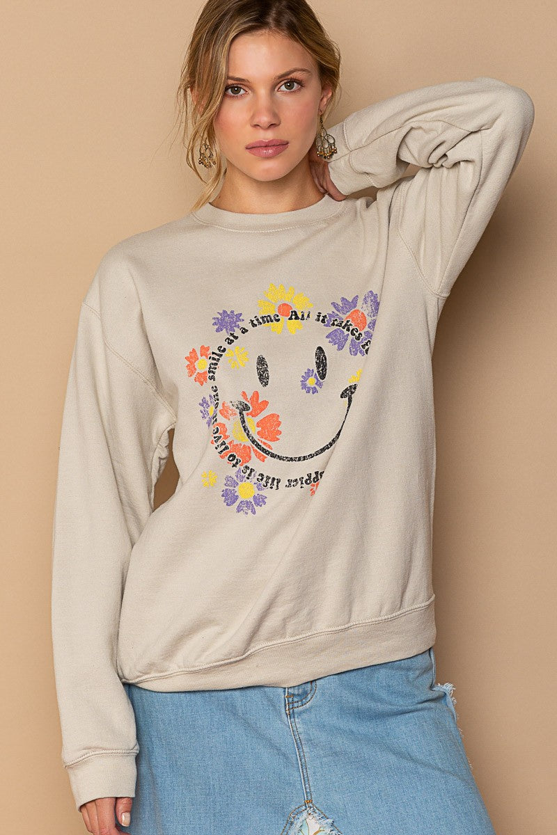 POL Smiley Face Floral Print Crew Pullover Sweatshirt Top