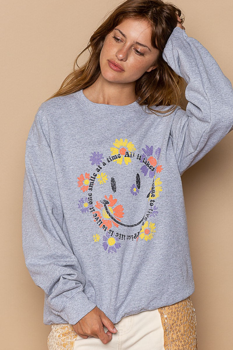 POL Smiley Face Floral Print Crew Pullover Sweatshirt Top