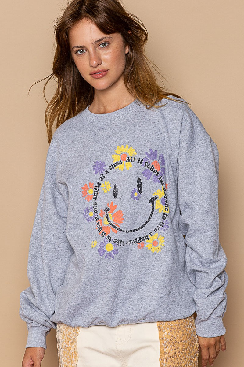 POL Smiley Face Floral Print Crew Pullover Sweatshirt Top