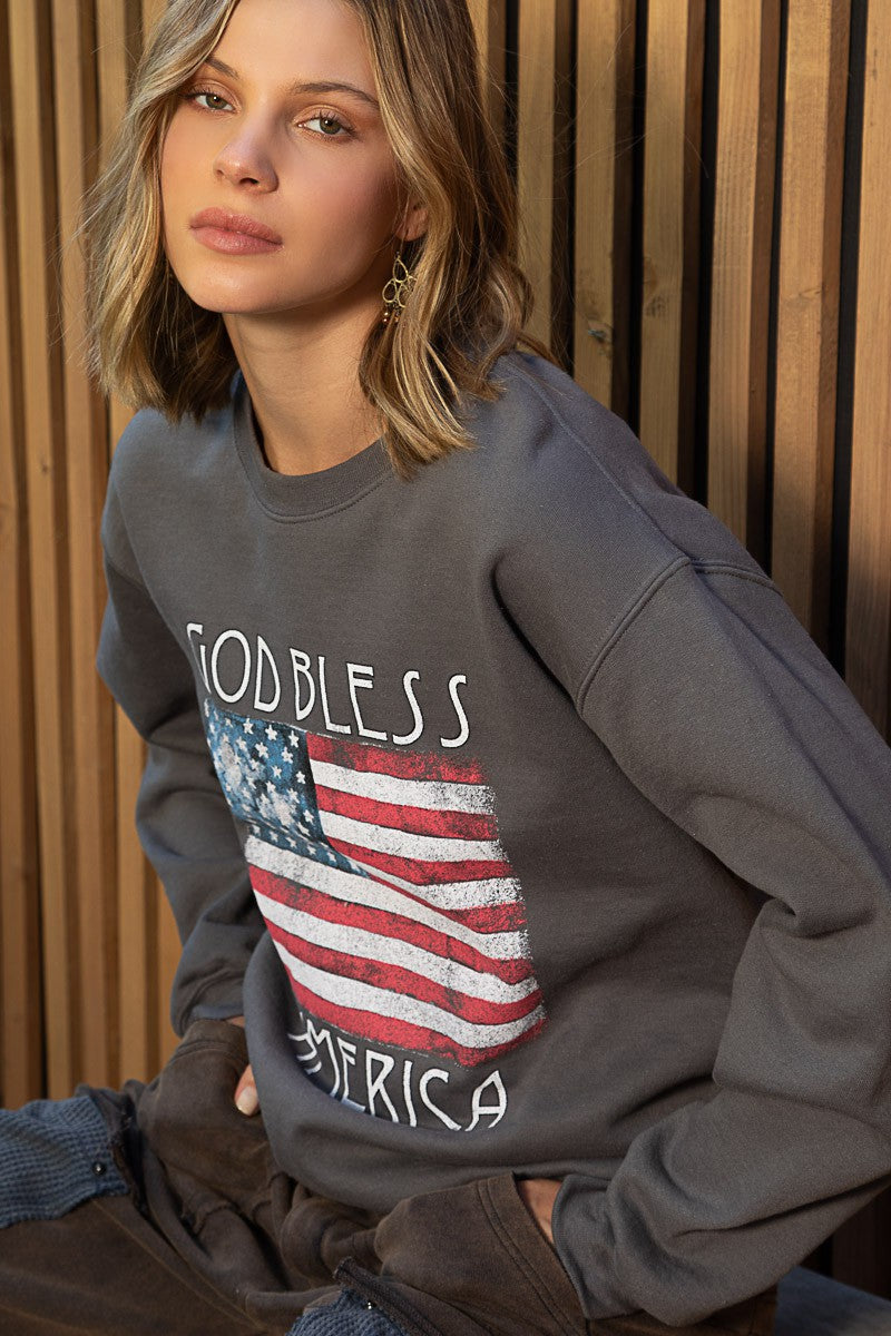 POL Patriotic Print Crew Neck Pullover Sweatshirt Top