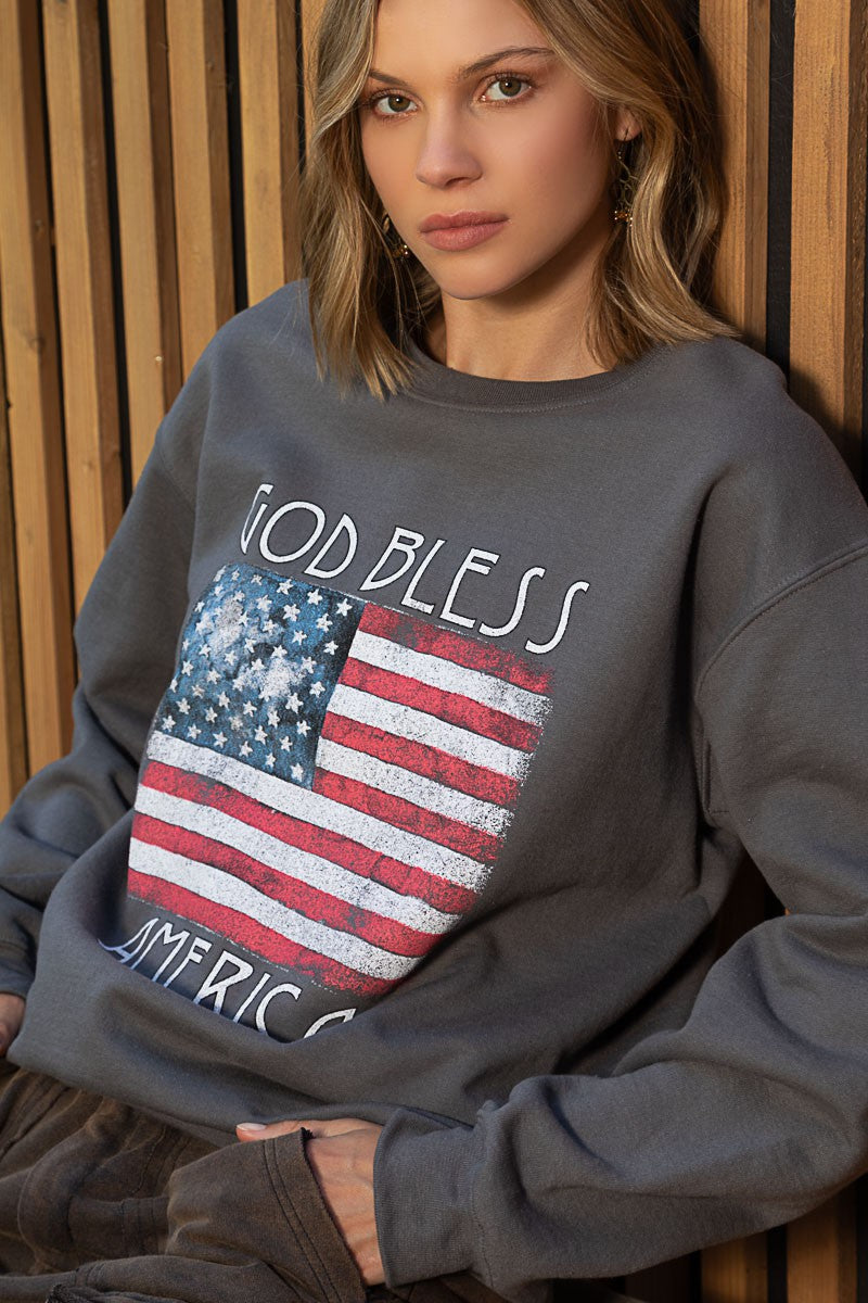 POL Patriotic Print Crew Neck Pullover Sweatshirt Top
