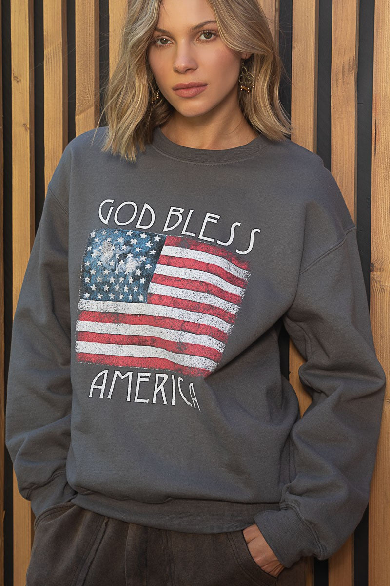 POL Patriotic Print Crew Neck Pullover Sweatshirt Top