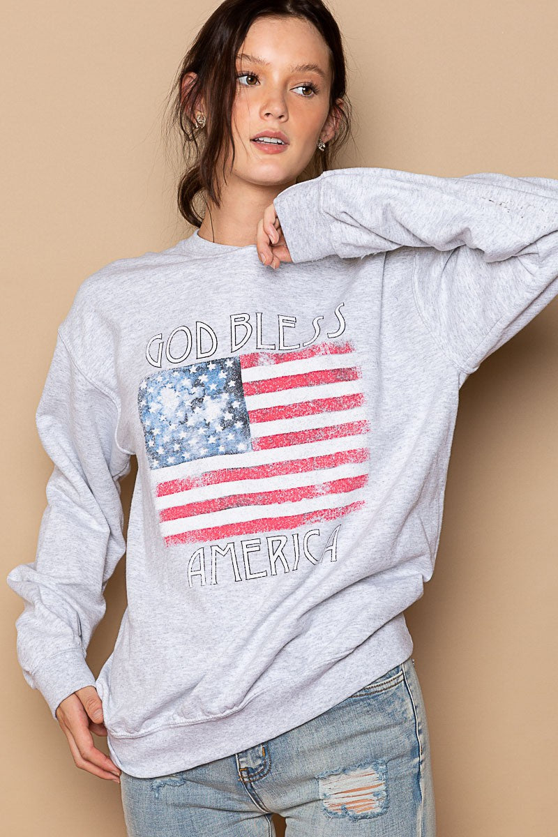 POL Patriotic Print Crew Neck Pullover Sweatshirt Top