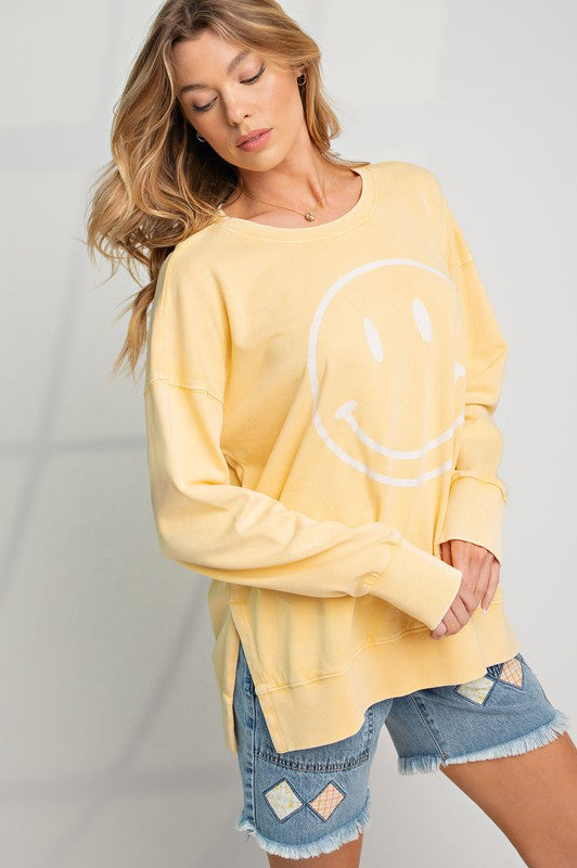 Easel Smiley Face Mineral Washed Cotton Top