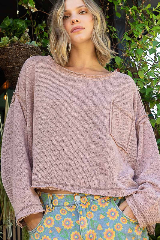 POL Round Neck Chest Pocket Cut Sew Sweater Knit Top