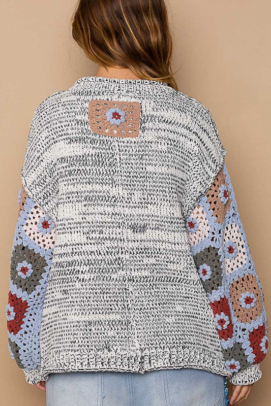 POL Heather Black Hand Knit Granny Square Pullover Sweater - Roulhac Fashion Boutique