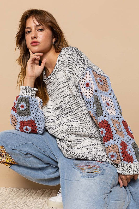 POL Heather Black Hand Knit Granny Square Pullover Sweater - Roulhac Fashion Boutique