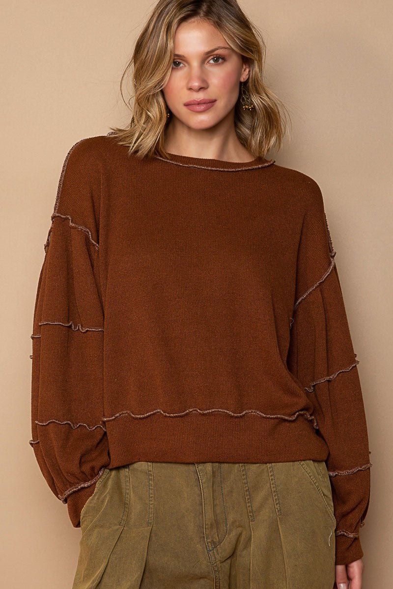 POL Cut Sew Sweater Knit Exposed Seam Sweatshirt Top