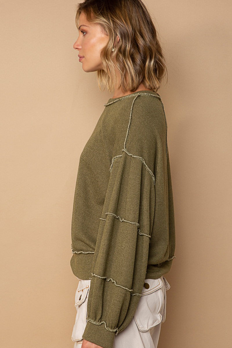 POL Cut Sew Sweater Knit Exposed Seam Sweatshirt Top