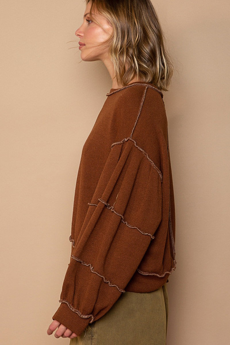 POL Cut Sew Sweater Knit Exposed Seam Sweatshirt Top