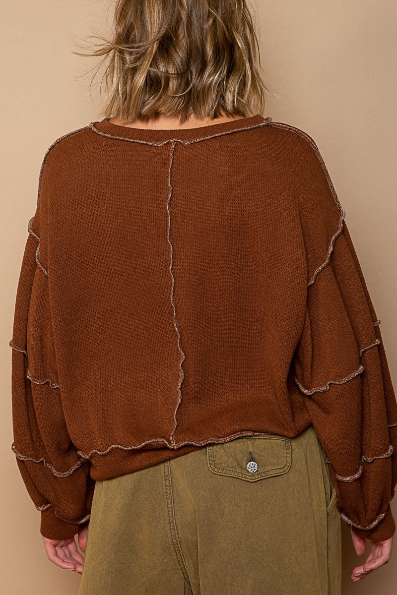 POL Cut Sew Sweater Knit Exposed Seam Sweatshirt Top