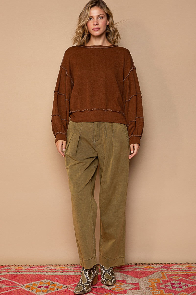 POL Cut Sew Sweater Knit Exposed Seam Sweatshirt Top