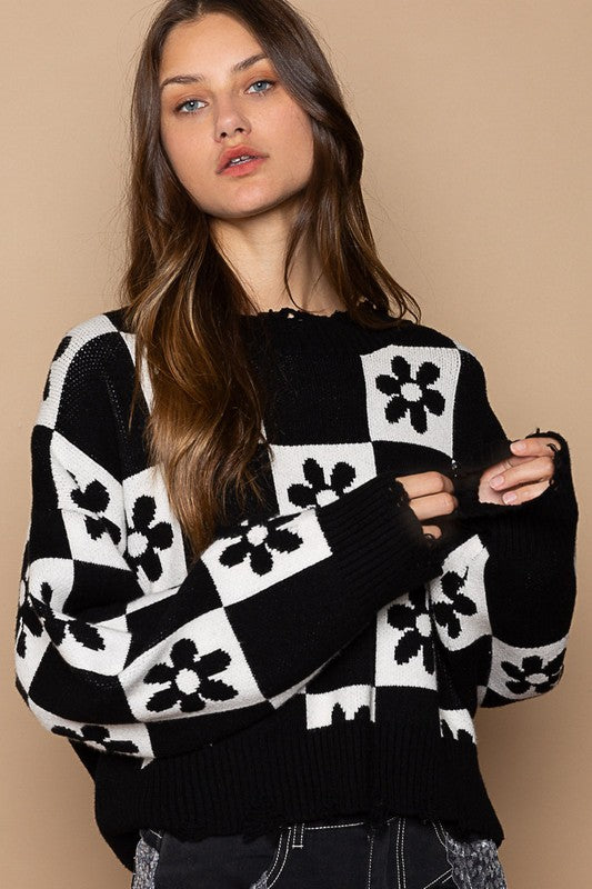 POL Oversized Contrast Floral Checkered Distressed Pullover Sweater - Roulhac Fashion Boutique