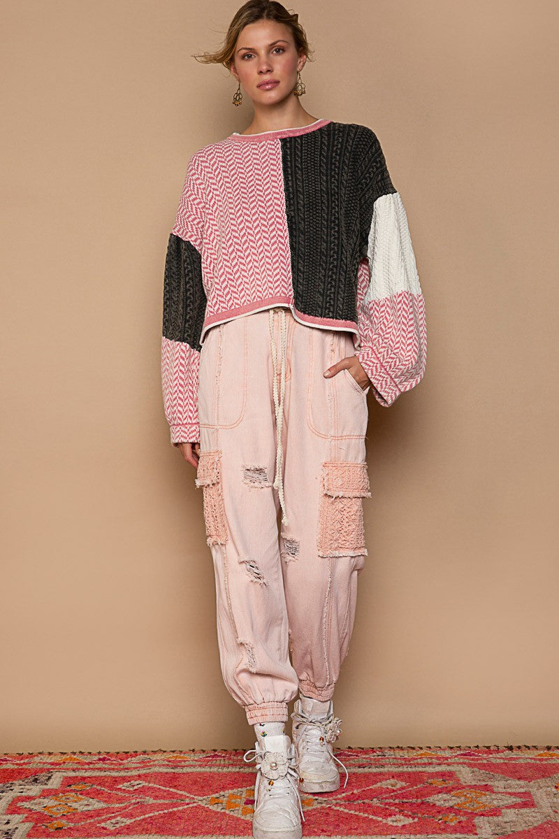 POL Contrast Twisted Weave Chevon Pattern Sweater Top