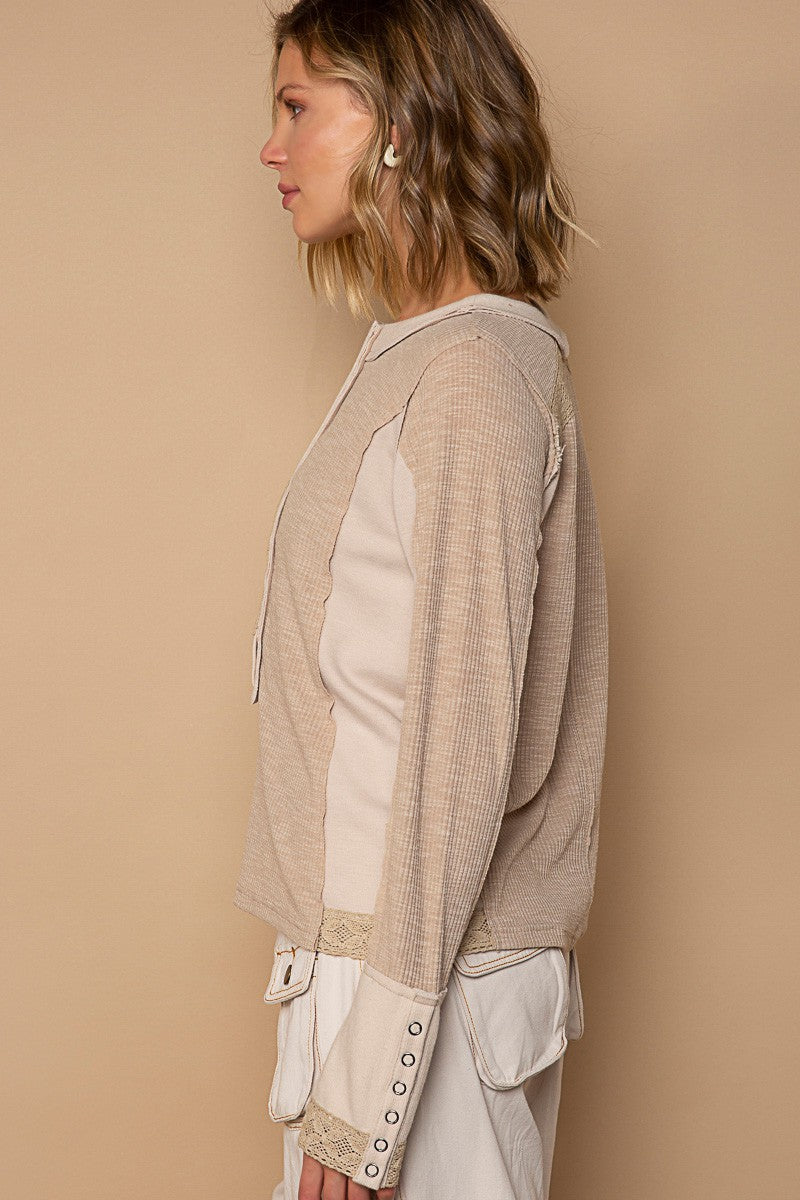 POL Snap Button Henley Contrast Rib Long Sleeve Top