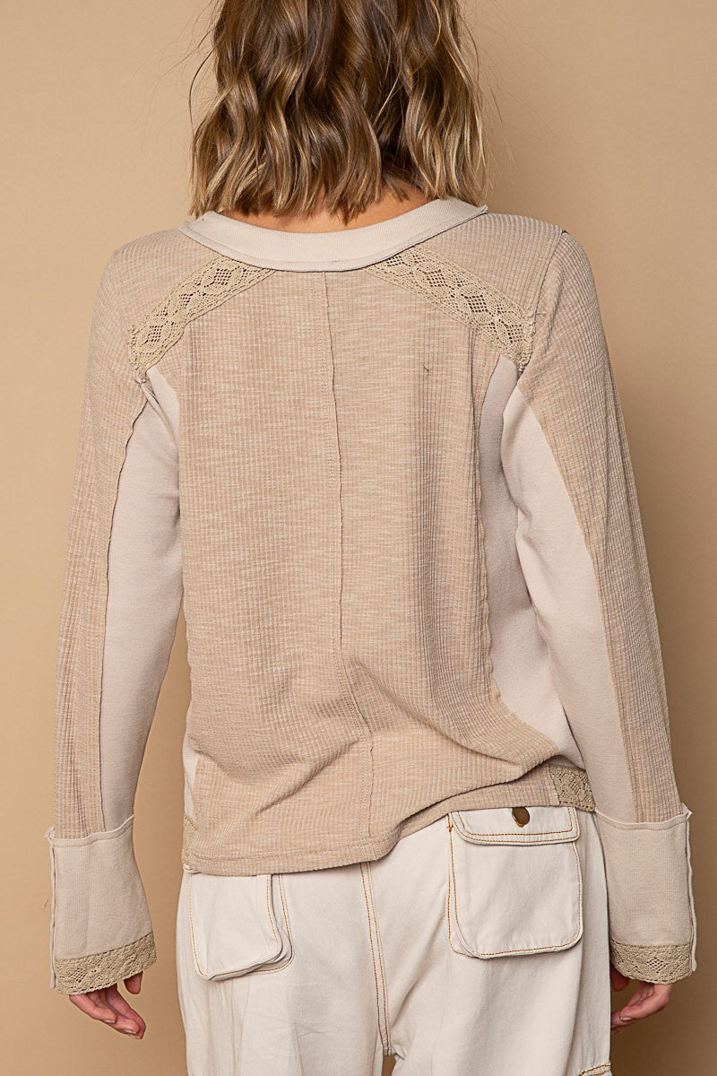POL Snap Button Henley Contrast Rib Long Sleeve Top