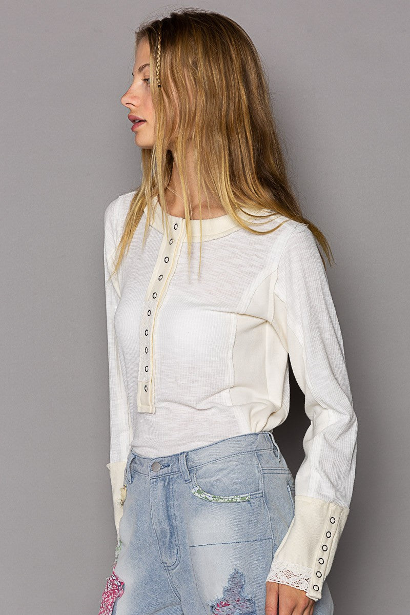 POL Snap Button Henley Contrast Rib Long Sleeve Top