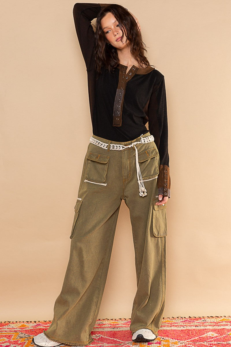 POL Snap Button Henley Contrast Rib Long Sleeve Top