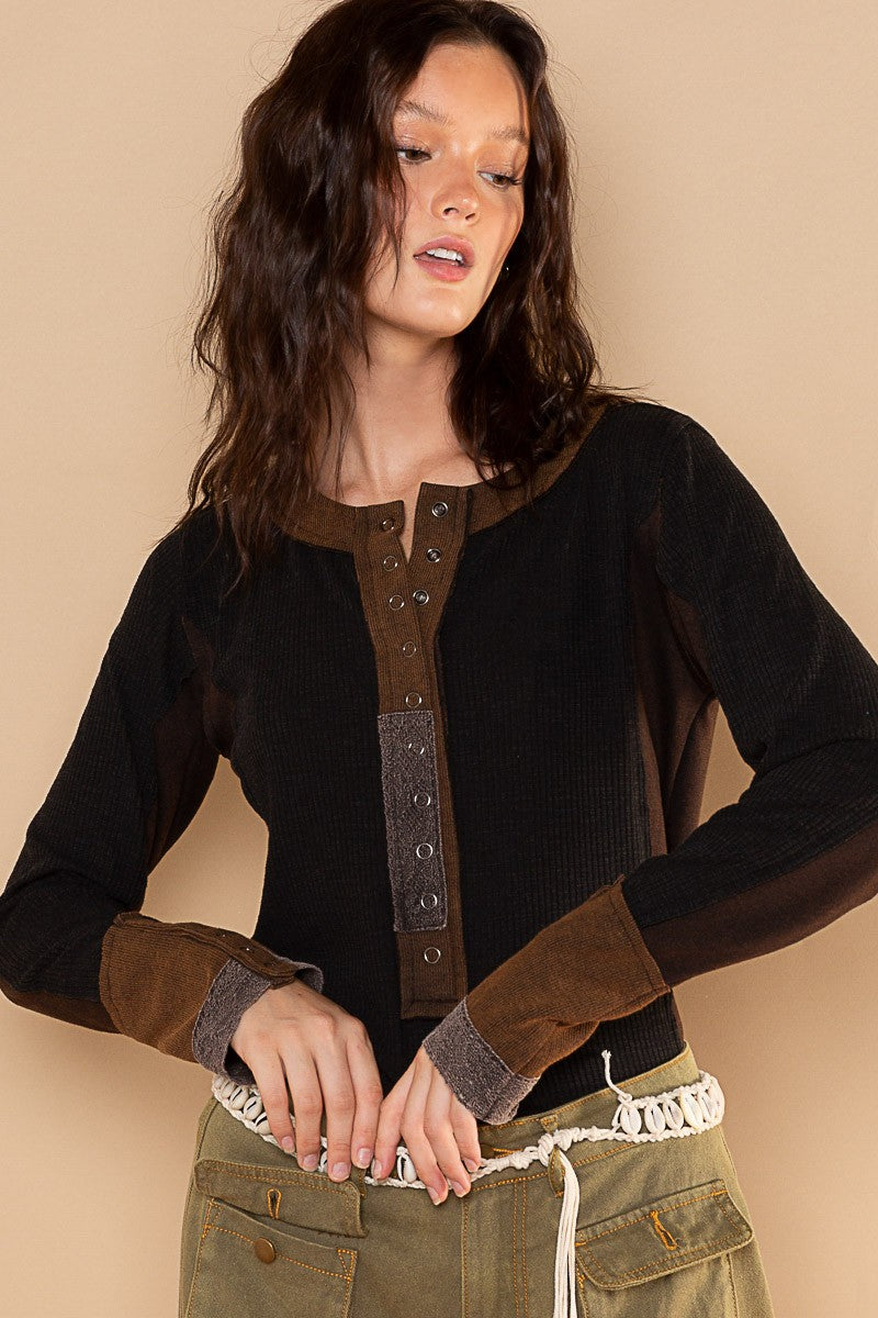 POL Snap Button Henley Contrast Rib Long Sleeve Top