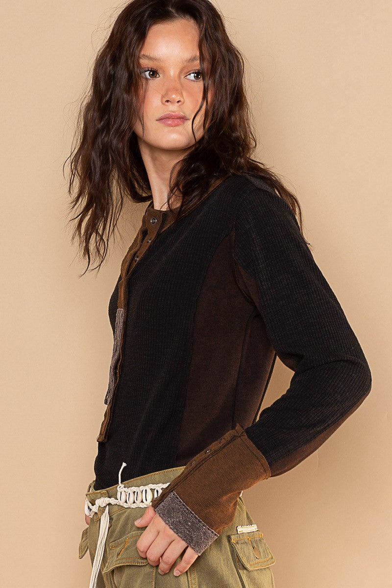 POL Snap Button Henley Contrast Rib Long Sleeve Top